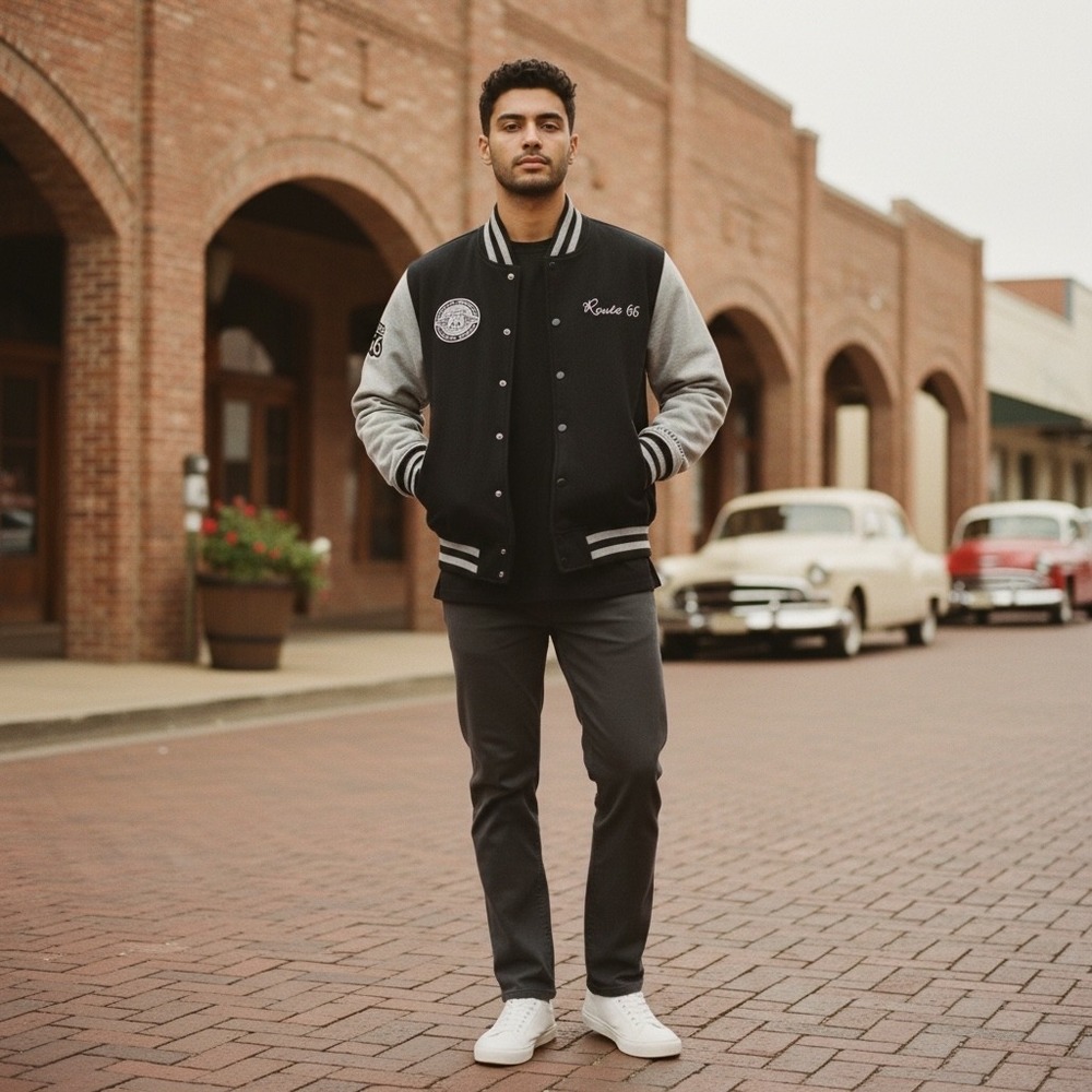 Route 66 Varsity Jacket Black Gray Embroidered Emblem "Get‎ Your Kick" Size XL